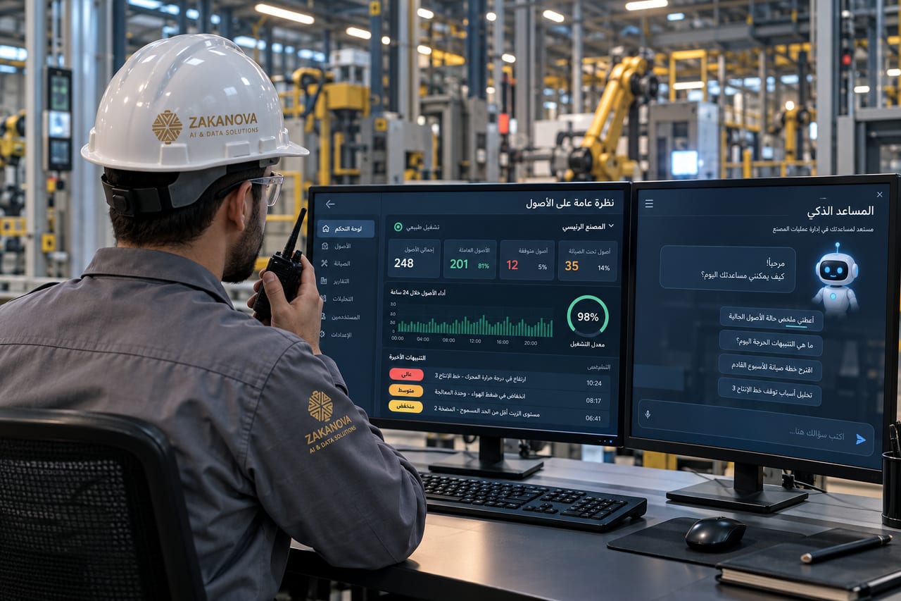 A Zakanova engineer monitoring industrial assets on Arabic dashboards and asking a plant-floor AI assistant
