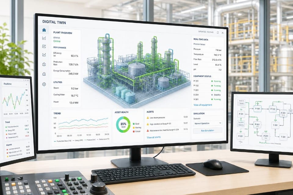 Digital Twin control-room dashboard monitoring a live industrial plant